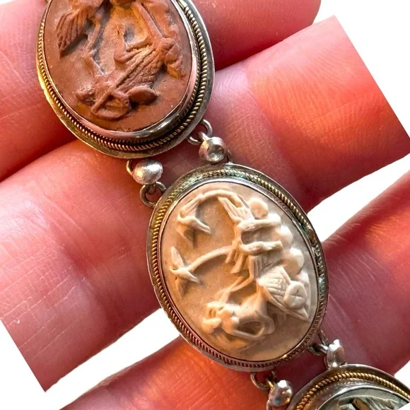 Antique Bracelet Stone Cameo 800 Silver Victorian Lava RARE Seven Days Chariots - Picture 7 of 14